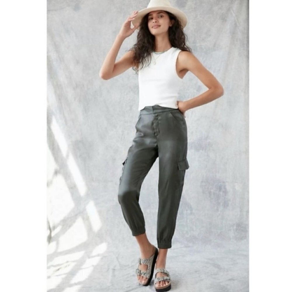 Anthropologie High Waist Metallic Shimmer Utility Cargo Joggers Sage Army Green